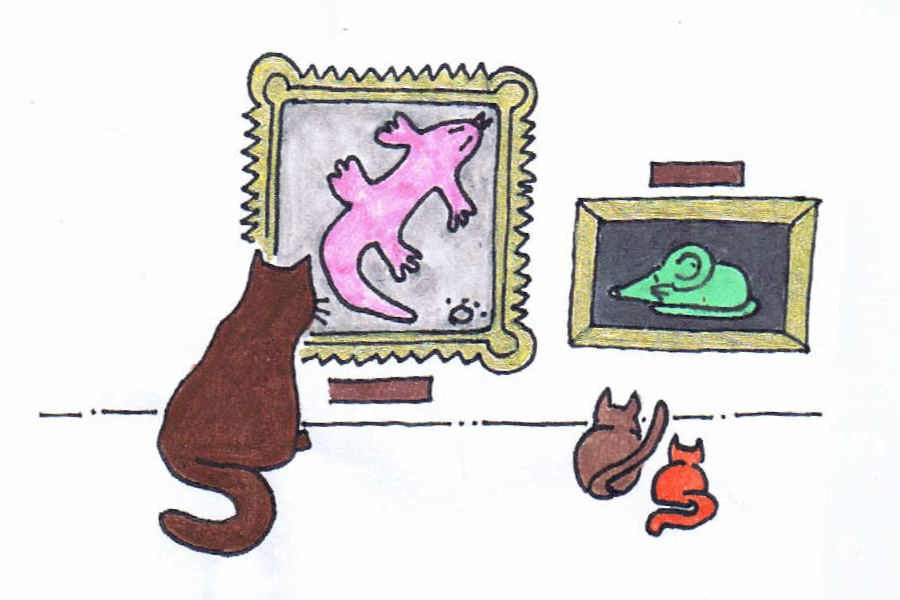 Cat and kittens loking pictures of lizards and a mouse